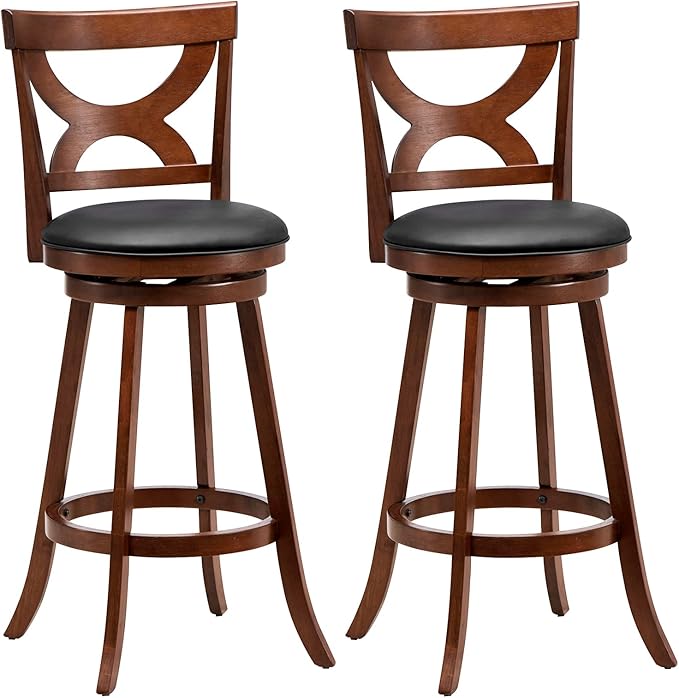COSTWAY Bar Stools Set of 2, 30.5” 360-Degree Swivel Chairs with Soft Cushion & Elegant Hollow Backrest, Rubber Wood Footrests, Upholstered Swivel Bar Stools for Kitchen Island, Pub, Café (2, 30.5‘’)