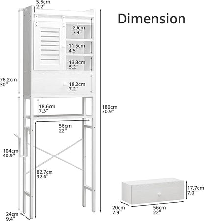 IRONCK Over The Toilet Storage Rack with Cabinet and Drawer, 6 Tier Bathroom Organizer Shelves Space Saver with Adjustable Shelf, Sliding Door, Paper Hook, White