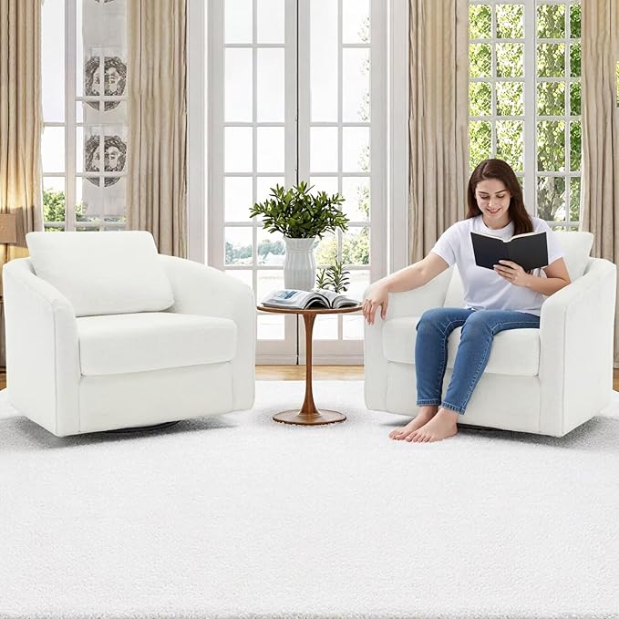 MINCETA Accent Chairs Set of 2, 360° Swivel Barrel Chair with High Density Foam, Oversized Reading Chair with Sherpa Teddy Upholstered Armchair for Living Room, Bedroom, Apartment White