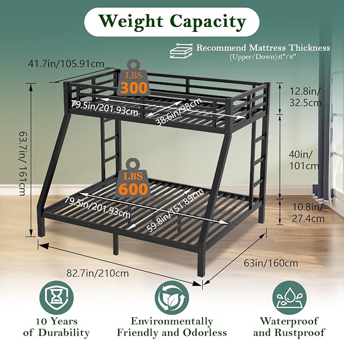 Bunk Beds Twin XL Over Queen, Heavy Duty Bunk Beds with Bottom Space & Guardrail Metal Bunk Bed Frame for Adults Teens Dorm Bedroom Guest Room, No Box Spring Needed（Black）