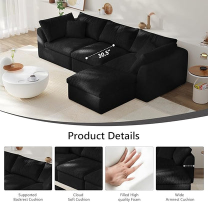 108" Boneless Cloud Couch Modular Sectional Sofa with Deep Seat for Living Room, L Shape Couch with Ottoman, Snowflake Cloth and 40D Memory Sponge，2 Throw Pillows (Black, 3 Seater+1 Ottoman)