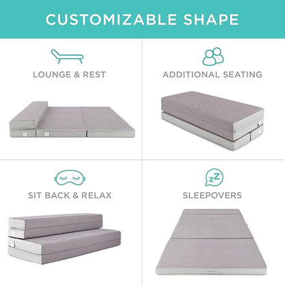 Best Choice Products 4in Portable Full-Size Mattress, Tri-Fold Mattress for Camping, Guest, Toddler, Foam Plush w/Carry Case - Grey