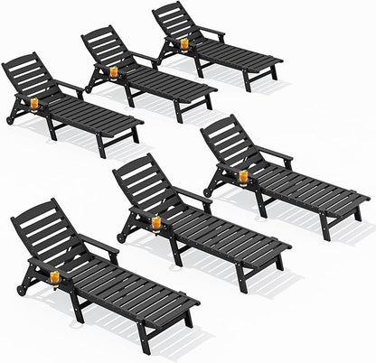 SERWALL Patio Chaise Lounge Chair Set of 6, 5 Positions Adjustable Poly Outdoor Lounger for Pool, HDPE Lounge Chair with Rolling Wheels & Cup Holder for Poolside, Deck, Obsidian Black