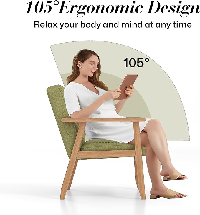 KCC Mid-Century Modern Linen Fabric Accent Chair, Upholstered Tufted Leisure Chair Comfy Reading Side Chair with Armrest and Solid Wood Frame for Living Room Bedroom Balcony(Green)