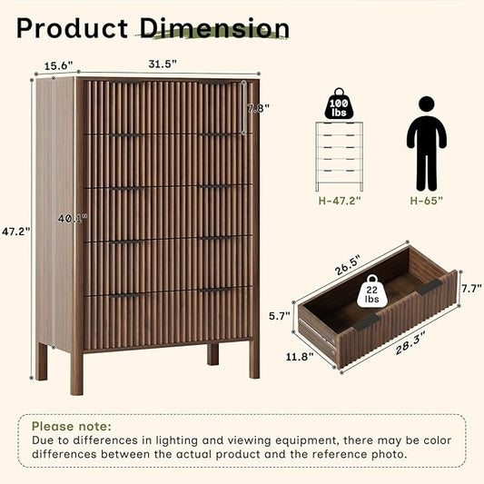 47" Tall Dressers for Bedroom Fluted 5 Drawer Dresser, Wooden Dresser Modern Chest of Drawers Dressers with Organizer Storage for Bedroom, Living Room, Entryway, Walnut