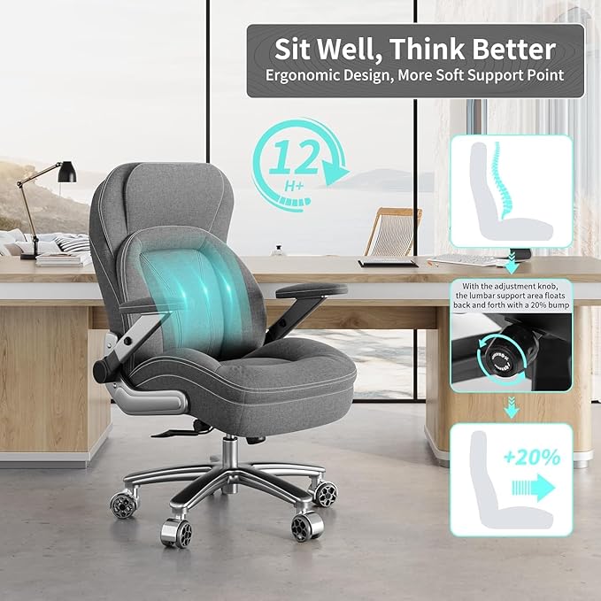 Big and Tall Office Chair, 600lbs Heavy Duty Desk Chair with 5D Arms, Adjustable Lumbar Support & Height, Tilt Function, Fabric High Back Ergonomic Executive Computer Chair with 3'' Casters