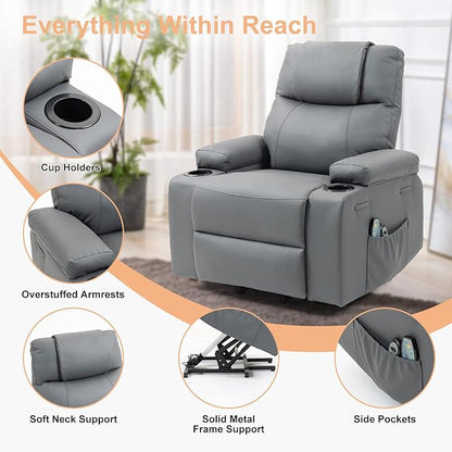 Power Lift Recliner Chair for Elderly, Electric Stand Assist Reclining Chair with Massage and Heat Function, Leather Living Room Furniture, Comfy Single Sofa with Cup Holders, Side Pockets, Gray