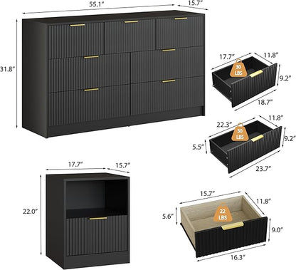 3-Piece Modern Bedroom Furniture Set, Wide 7-Drawer Dresser & 1-Drawer Nightstands Set of 2, Natural Wood Dresser and Nightstand Sets for Bedroom, Hallway, Black