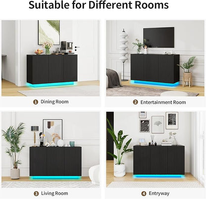 47" Black Fluted Sideboard Buffet Cabinet with Storage and LED Light,Marble Pattern Top Credenza Accent Cabinet with Fast Charging Station,Storage Cabinet for Living Room,Dining Room,Hallway