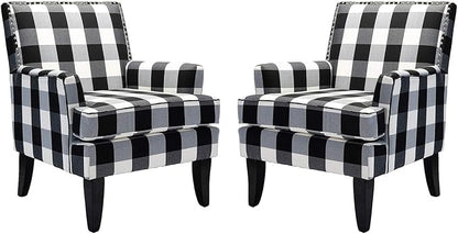 HULALA HOME Modern Accent Chairs Set of 2, Farmhouse High Back Buffalo Plaid Chairs with Wooden Legs & Nail Head Trim, Comfy Upholstered Armchairs for Living Room/Bedroom (Buffalo Black)