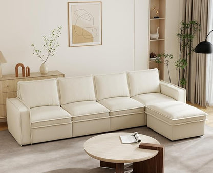 EALSON 119" Modular Sectional Sofa Comfy Cloud Couch with Ottoman Modern Convertible L Shape Couches with Wooden Legs Linen Deep Seat Couch 4-Seater Sofa with Ottoman for Living Room/Apartment,White