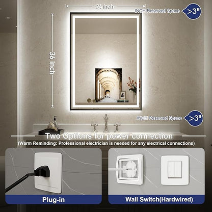 24x36 Inch LED Bathroom Mirror with Lights,Front and Backlit Black Metal Frame Mirror,Wall Mounted Lighted Vanity Mirrors,Double Lights Strips,Anti Fog Stepless Dimmable