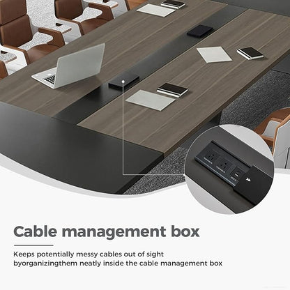Modern Conference Table with Cable Management, Thickened Top & Trapezoidal Legs – Office Meeting Table for Executive Workspaces (Oak+Gray, 95" L