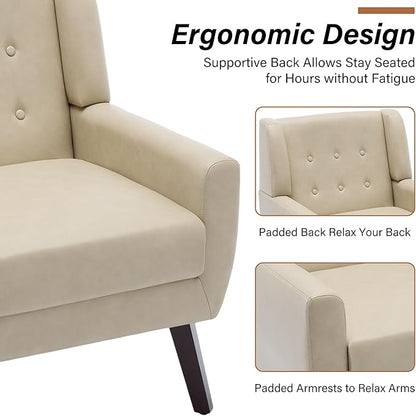 Accent Chair, Modern Faux Leather Armchair for Living Room, Comfy Upholstered Arm Chair Tufted for Indoor Bedroom Office Room (P Cream)