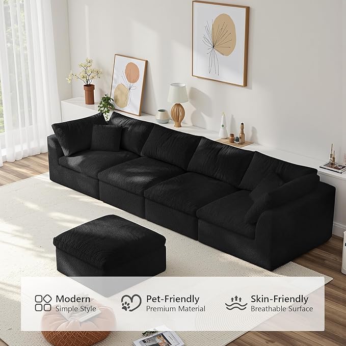 138" Boneless Cloud Couch Modular Sectional Sofa with Deep Seat for Living Room, L Shape Couch with Ottoman, Snowflake Cloth and 40D Memory Sponge，2 Throw Pillows (Black, 4 Seater+1 Ottoman)