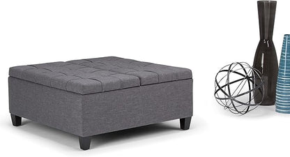 SIMPLIHOME Harrison Coffee Table Storage Ottoman - 36 inch Wide Upholstered Linen Look Fabric Square Lift-Top Ottoman in Slate Grey, Transitional Ottoman for Living Room with Hidden Storage