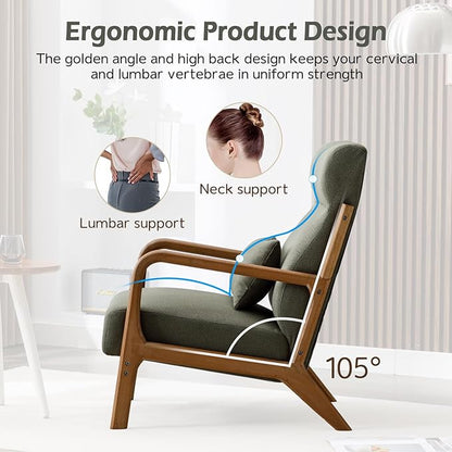 INZOY Mid Century Modern Accent Chair with High Back, Upholstered Living Room Chairs with Waist Cushion, Wood Frame Reading Armchair for Bedroom Sunroom, Green