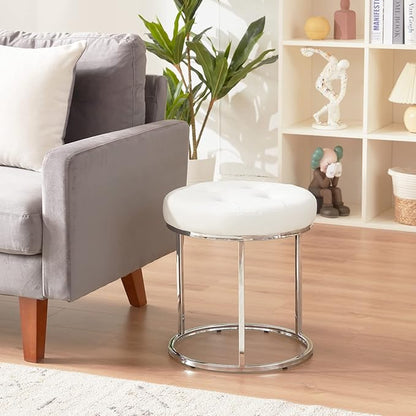 DUHOME Faux Leather Ottoman Stool, Vanity Chair Button Tufted Footrest Stool Makeup Stool with Metal Base for Living Room Bedroom, White