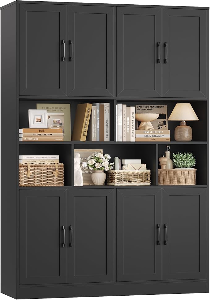 HORSTORS 71" Tall Storage Cabinet, Large Kitchen Cabinet with Deep Shelves and Doors, 47" Freestanding Display Shelf with Storage for Home Office, Living Room, Black