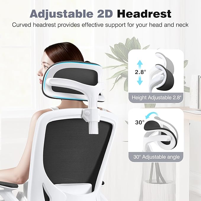 Ergonomic Office Chair, Computer Desk Chair Comfy with Adjustable Headrest, Lumbar Support, Flip-up Armrests, Gaming Chairs for Long Hours, White