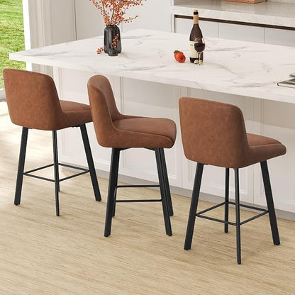 Swivel Bar Stools Set of 6, 26''H Upholstered Barstools with Backs, Modern Counter Height Bar Stool Chairs for Kitchen Island, Metal Legs, Faux Leather, Brown Counter Stools