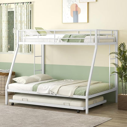 Giantex Twin Over Full Bunk Bed with Trundle, Heavy-Duty Metal Triple Bunk Beds w/Two Side Ladders & Safety Guard Rail, 3 in 1 Bunk Beds for Kids Teens, No Box Spring Needed,White
