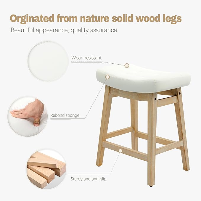 Counter Height Bar Stools Set of 6 for Kitchen Island Modern Barstools with Upholstered Faux Leather Backless Seat and Solid Wood Legs, 24 inch Farmhouse Bar Chairs, White