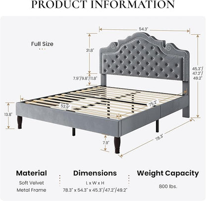 SHA CERLIN Full Size Bed Frame with Adjustable Headboard/Velvet Upholstered/Diamond Button Tufted and Metal Studs/No Box Spring Needed/Wooden Slat Support/Easy Assembly/Light Grey