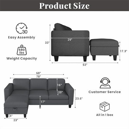 Sectional Sofa Couches for Living Room - 78''Convertible Modular Three-Seater L-Shaped Pet-Friendly Couch,Washable Sofa Cover-Bench Storage, Suitable for Small Living Room, Apartment,Office-Dark Gray