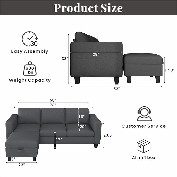 Youmumeub Sectional Sofa Couches for Living Room - Small Living Room L Shaped Pet Friendly Modular 3 Seater Couch-Convertible Washable Covers Suitable for Apartment Bedroom Office-Dark Gray Linen