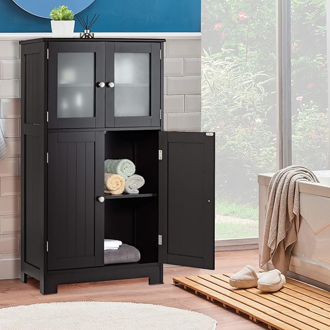 LOKO Bathroom Floor Cabinet, Storage Organizer with Glass Doors, Wooden Kitchen Cupboard with Adjustable Shelf, Versatile Floor Storage Cabinet for Bathroom, Living Room & Kitchen (Black)
