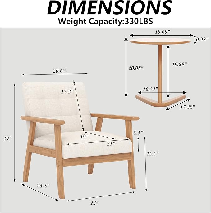 Modern Accent Chair with Wooden Table, Upholstered Linen Fabric Leisure Side Chair with Arm Rest and Wooden Frame for Living Room Bedroom Reading (Beige)