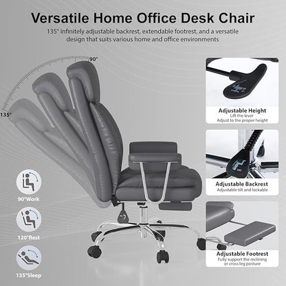 Big and Tall Office Chair, Executive Home Office Desk Chair, Comfy Leather High-Back Reclining Computer Chair with Retractable Footrest and Padded Arms, 360°Swivel Rolling Wheels, Wide Seat, Gray