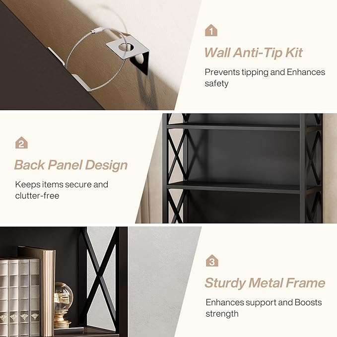Tribesigns 71-Inch Tall Bookcase, 5-Tier Industrial Metal Bookshelf, Large Etagere Bookcases and Bookshelves, Freestanding Display Shelves for Living Room, Bedroom, Black