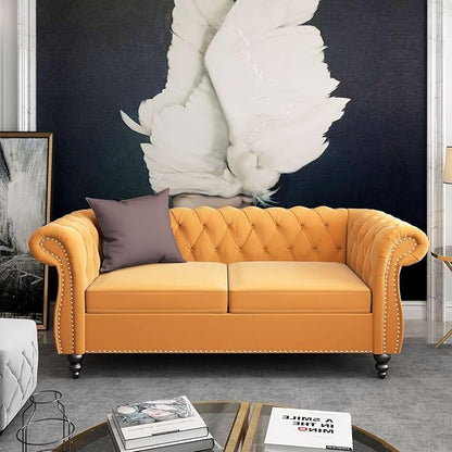 Chesterfield Loveseat Sofa, Modern Velvet Small Sofa Couch 2 Seater with Rolled Arms and Nailhead, Mid Century Modern Loveseat Couch for Small Spaces Living Room Bedroom Apartment, Yellow
