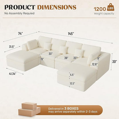 144" Cloud Sectional Couches for Living Room, Convertible U-Shape Couch with Ottoman, 6 Seater Modular Sectional Sofa,Beige Chenille