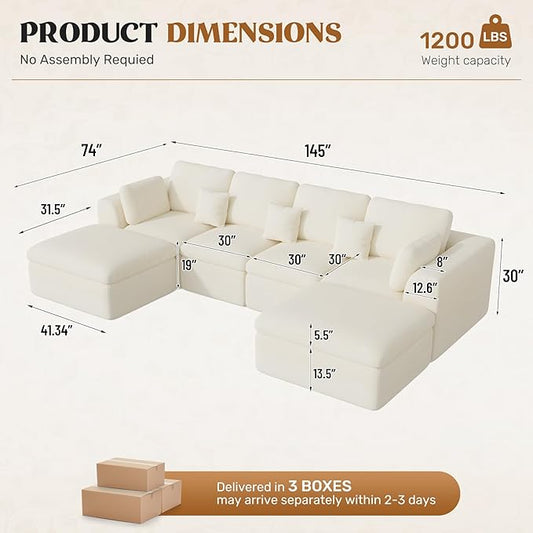 144" Cloud Sectional Couches for Living Room, Convertible U-Shape Couch with Ottoman, 6 Seater Modular Sectional Sofa,Beige Chenille