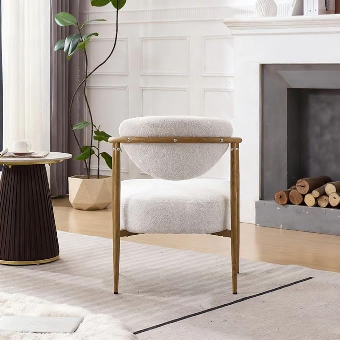 Modern Accent Chair, White Teddy Velvet Armchair with Wood Grain Metal Frame, Comfortable Single Seating for Living Room, Dining Room, Bedroom, and Cafe, 24.8" W x 24.8" D x 29.1" H