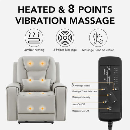 CHITA Electric Power Lift Recliner Chair for Elderly with Massage and Heat, Large Lay Flat Genuine Leather Recliner Chair with Cup Holders, USB Ports, Power Headrest, Independent Backrest, Light Gray