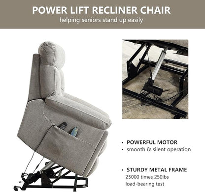 CANMOV Dual Motor Power Lift Recliner Chair for Elderly, 27" Extra-Wide Seat 450 lbs Weight Capacity Infinite Position Adjustment, with Heated Massage, Cup Holders and USB Port, Grey Fabric