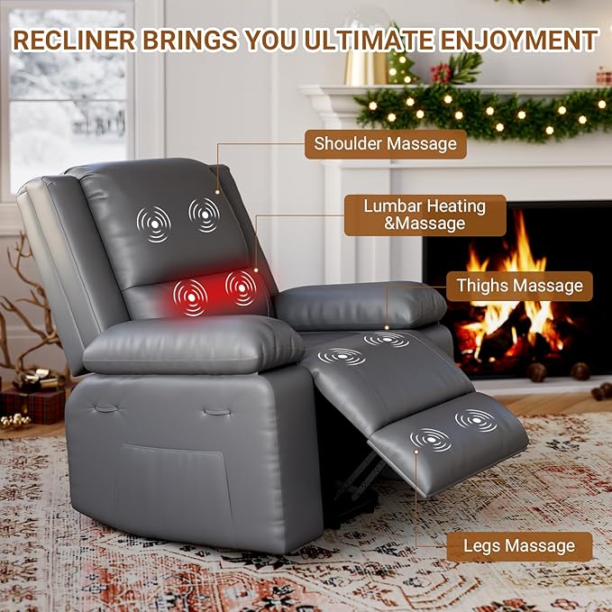 PU Leather Electric Power Lift Chair, Recliner Massage Chair with Remote Control and Side Pocket for Elderly, Power Lift Recliner Sofa with Heat and Massage for Living Room, Bedroom, Gray