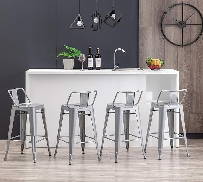 HAOBO Home 26" Low Back Metal Counter Stool Height Bar Stools [Set of 4] Barstools, Silver