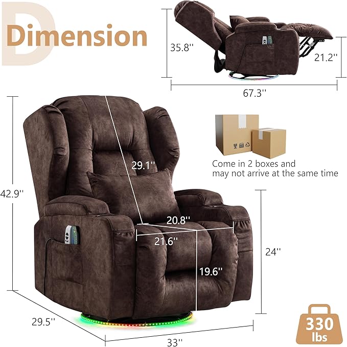 Power Swivel Rocker Recliner Chairs, Electric Wall Hugger Reclining Sofa with Massage & Heat, Comfy Theater Seating Single Sofa with LED Light/USB/Type-C Ports (Velvet Brown, Single Chair)