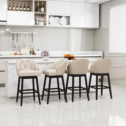 COSTWAY Bar Stools Set of 4, 31’’ Swivel Bar Stools with Rubber Wood Legs & Padded Back, Breathable Linen Fabric, Stylish Tufted Design & Rivet Decoration, Adjustable Foot Pads (4, Beige + Brown)