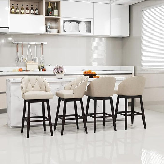 COSTWAY Bar Stools Set of 4, 31’’ Swivel Bar Stools with Rubber Wood Legs & Padded Back, Breathable Linen Fabric, Stylish Tufted Design & Rivet Decoration, Adjustable Foot Pads (4, Beige + Brown)
