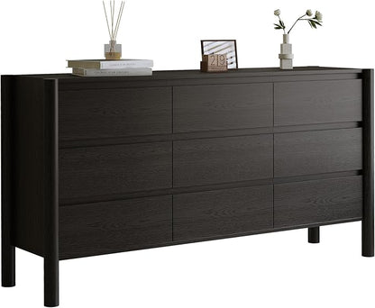 Dresser for Bedroom with 9 Drawers,63" Wide Black Dresser with 4 Solid Wood Legs, Wooden TV Stand,Closet Clothes Organizer for Bedroom, Hallway