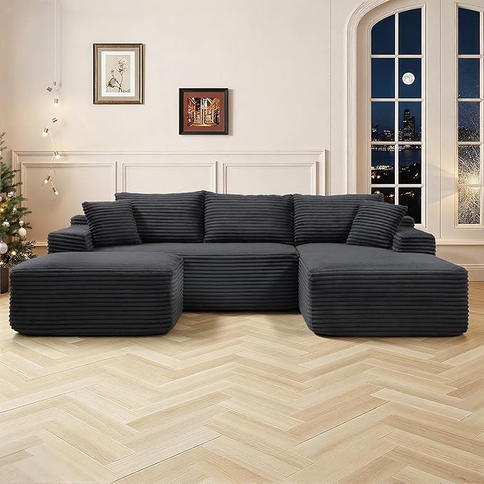 108 Inch Cloud Sectional Couch,Modern Modular Sectional Sofa with Deep Seat,Corduroy Boneless Couches with L-Shape Chaise for Living Room,No Assembly Required (Black, Left Facing Chaise + Ottoman)
