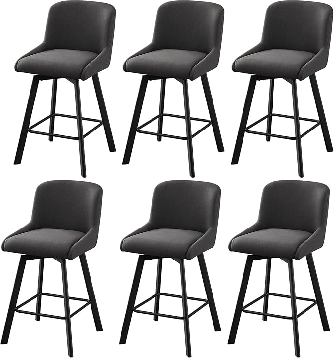 Swivel Counter Height Bar Stools Set of 6, 26''H Upholstered Barstools with Backs, Modern Bar Stool Chairs for Kitchen Island, Metal Legs, Fabric, Black Grey Stools Counter Chair