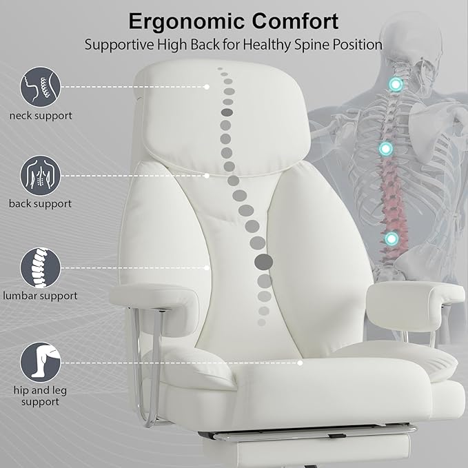 Big and Tall Office Chair, Executive Home Office Desk Chair, Comfy Leather High-Back Reclining Computer Chair with Retractable Footrest and Padded Arms, 360°Swivel Rolling Wheels, Wide Seat, White