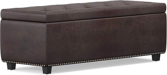 SIMPLIHOME Hamilton 48 inch Wide Transitional Rectangle Storage Ottoman in Distressed Brown Vegan Faux Leather, Assembled, For the Living Room, Entryway and Family Room